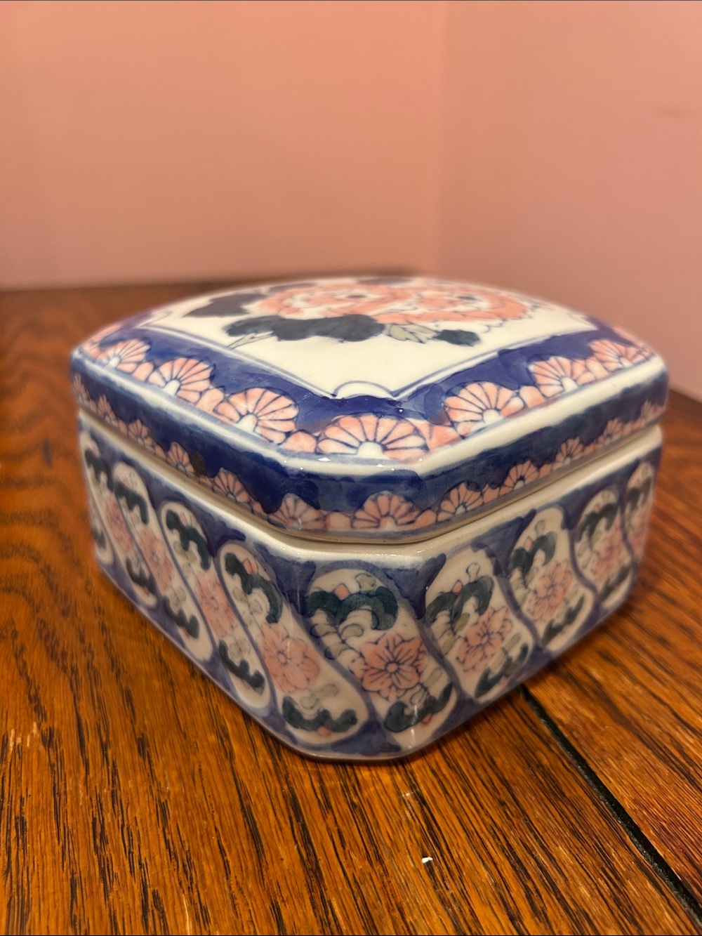 Blue and Pink Floral Ceramic Trinket Box - Decorative Home Art